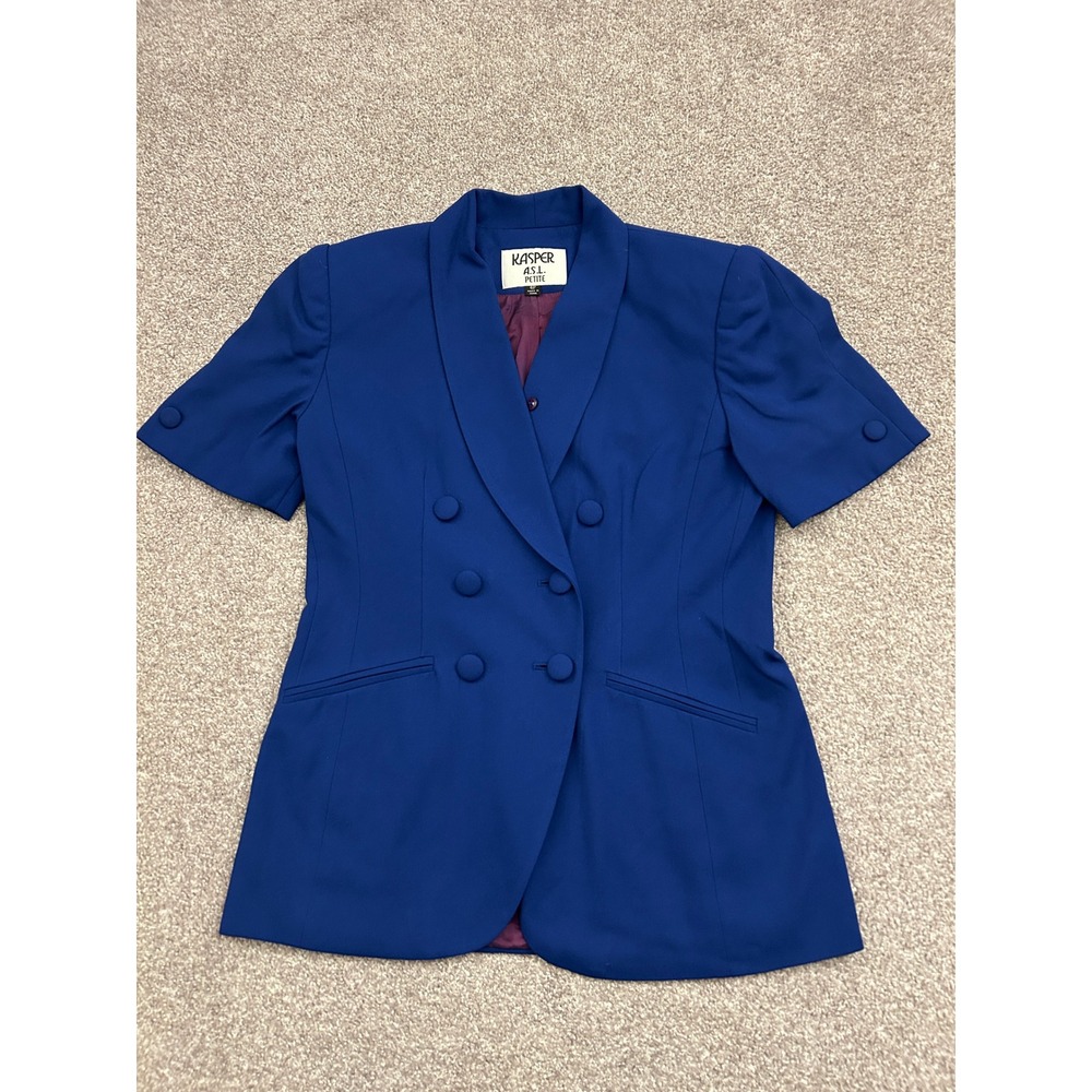 Kasper ASL Petite Blazer Womens 4P Blue Excellent Short Sleeve Double Breasted